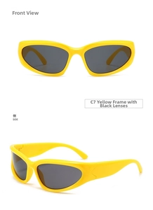 Detailed views of yellow frame Y2K sports sunglasses with dark grey lenses in C7 color