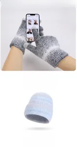 Dettaglio del set invernale con guanti touchscreen e berretto caldo con logo in pelle