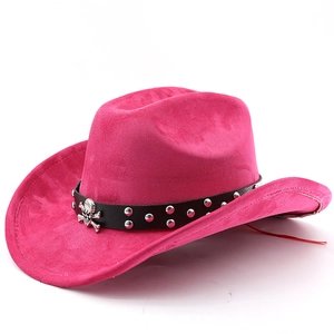 Detail of rose red cowboy hat with black studded band and silver skull metal buckle