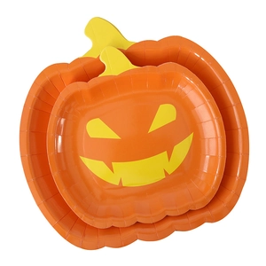 Set of two pumpkin-shaped Halloween paper plates with jack-o'-lantern face in orange and yellow