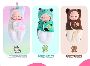 Three cute baby dolls in unicorn, frog, and bear sleeping bags shown from the front