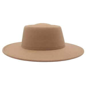 Detailed view of the wide brim stitching on a camel wool felt boater hat