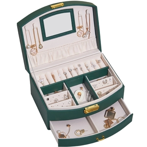 Dark green multi-layer jewelry box with lock, mirror, and drawers for necklace storage