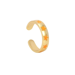 Adjustable gold ring with orange star patterns and glossy finish on white background