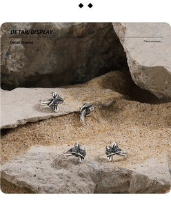 Detail view of retro S925 sterling silver rings with cross and crown patterns on rock