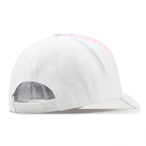 Detail view of adjustable back closure and pink rhinestones on a white baseball cap