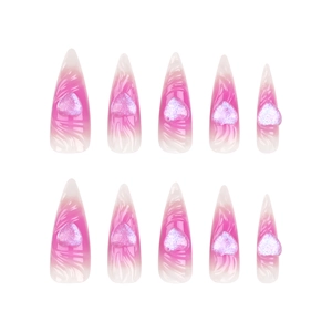 Pink stiletto press-on nails with 3D glitter hearts and white flame gradient patterns