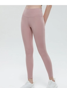 Detail view of high waist pink yoga leggings with ergonomic peach lift seam design