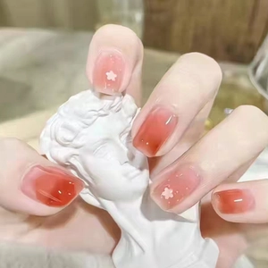 Press On Nails Pink Gradient White Flower French Style Glossy Sweet Cute Fake Nails For Women Students