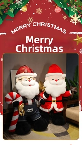 Macro detail of plush Santa Claus dolls with festive outfits and Merry Christmas sign