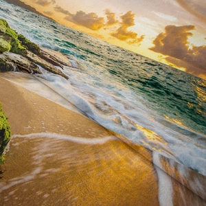 Détail de l'impression numérique de plage au coucher du soleil sur tissu avec fibre douce