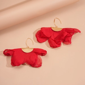 Exaggerated red chiffon petal tassel earrings with textured gold finish metal hooks