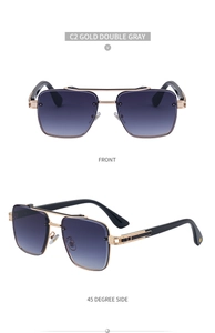 Detailed front and side views of gold square aviator sunglasses with gradient gray lenses