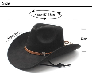 Size chart for western cowboy hat with faux suede texture and butterfly metal buckle
