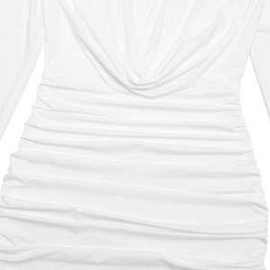 Detailed view of white long-sleeved dress featuring cowl neck and gathered ruching fabric