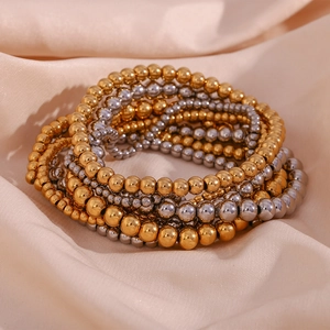 Minimalist stainless steel 18K gold and silver plated stretch bead layered bracelet set