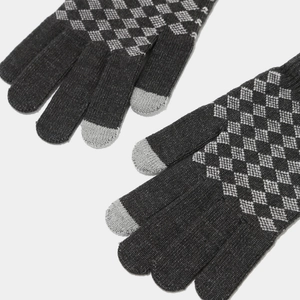 Detailed close-up of dark grey knit touch screen gloves with grey diamond pattern