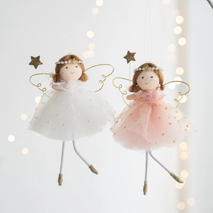 Detail of pink and white plush angel ornaments with gold wings for Christmas tree decor
