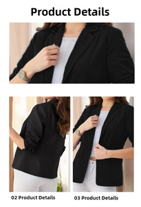 Detail view of the fitted black women blazer with classic lapels and ruched sleeves