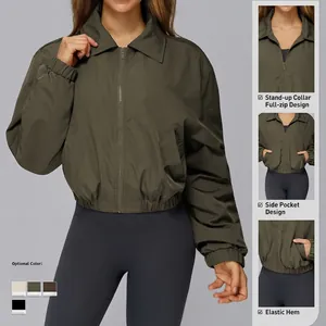 Olive green windproof athletic jacket with stand collar and zip-up design for hiking