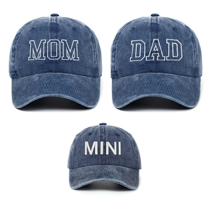 Matching navy washed cotton baseball caps with Mom, Dad, and Mini embroidery details