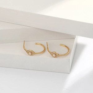 Gold plated S925 silver Evil Eye hoop earrings with blue opal and clear cubic zirconia