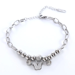 Polished silver stainless steel bracelet with butterfly charm and frosted beads
