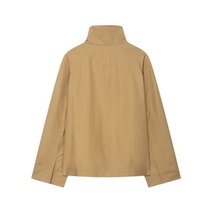 Minimalist khaki short windbreaker jacket with stand collar, back view on white background