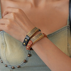 Retro Leather Bracelet With Alloy Quote Plate Love Is The Key Rivet Adjustable Boho Fashion Jewelry For Women