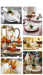Detail of Christmas napkin rings with pine needles, red berries, and mini pumpkins