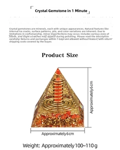 Detail view of 6cm Orgonite Pyramid with dimensions and weights marked for display