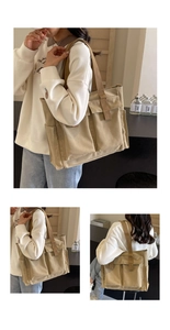 Detailed views of a khaki canvas tote bag featuring external pockets and wide webbing straps