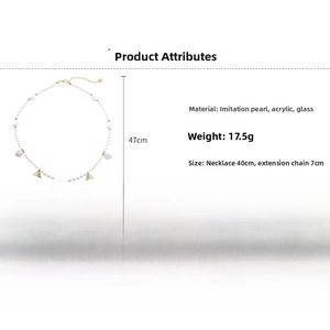 Detail view of pearl flower pendant necklace with specifications and golden clasp