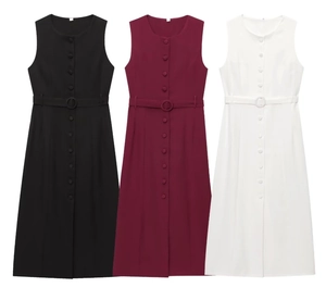 Detailed view of sleeveless buttoned dresses in black, burgundy, and white with buckled belts