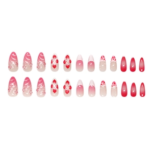 Franse verloop kunstnagels met 3D bloemmotieven en kristallen accenten, set van 24 stuks