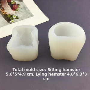 Translucent silicone hamster molds showing sitting and lying poses with dimensions