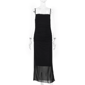 Detailed front view of black slim fit sling dress with waist ruching and mesh hem