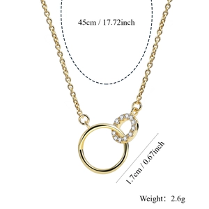 Gold double interlocking circle necklace with sparkling crystals and size measurements