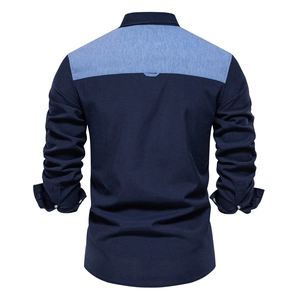Back view of navy and light blue patchwork Oxford shirt for men in casual style