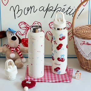 Edelstahl-Thermosflasche in Cremeweiß mit süßen Kirsch- und Hundemotiven für unterwegs