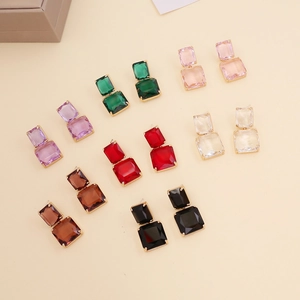 Geometric Double Square Crystal Earrings Glass Copper Stacked Macaron Color Vintage Fashion Jewelry For Women Elegant