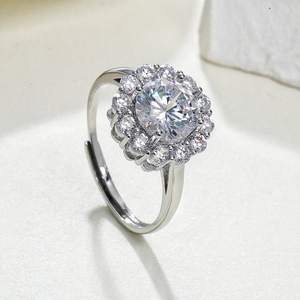 Luxurious silver open ring with a 2-carat round crystal halo and adjustable band
