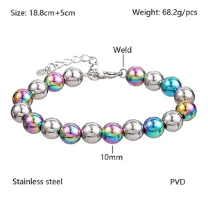 Détail des perles en acier inoxydable PVD arc-en-ciel 10mm et chaîne d'extension 5cm