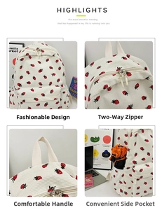 Detail view of corduroy backpack with strawberry print, zipper, and side pocket storage