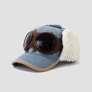 Sky blue corduroy children's baseball cap with goggles and bear print detail