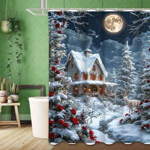 Détail du rideau de douche scène de neige de Noël avec roses rouges et cerf blanc