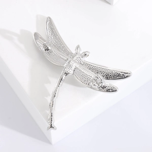 Detailed macro view of silver dragonfly brooch featuring textured wings and metal finish