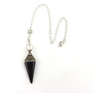Obsidian crystal hexagonal cone pendulum with vintage silver filigree and metal chain