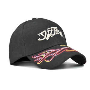 Black cotton baseball cap with white art embroidery and flame patterns on the visor