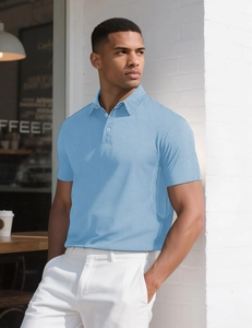 Detail of light blue mesh polo shirt featuring a classic three-button collar and texture